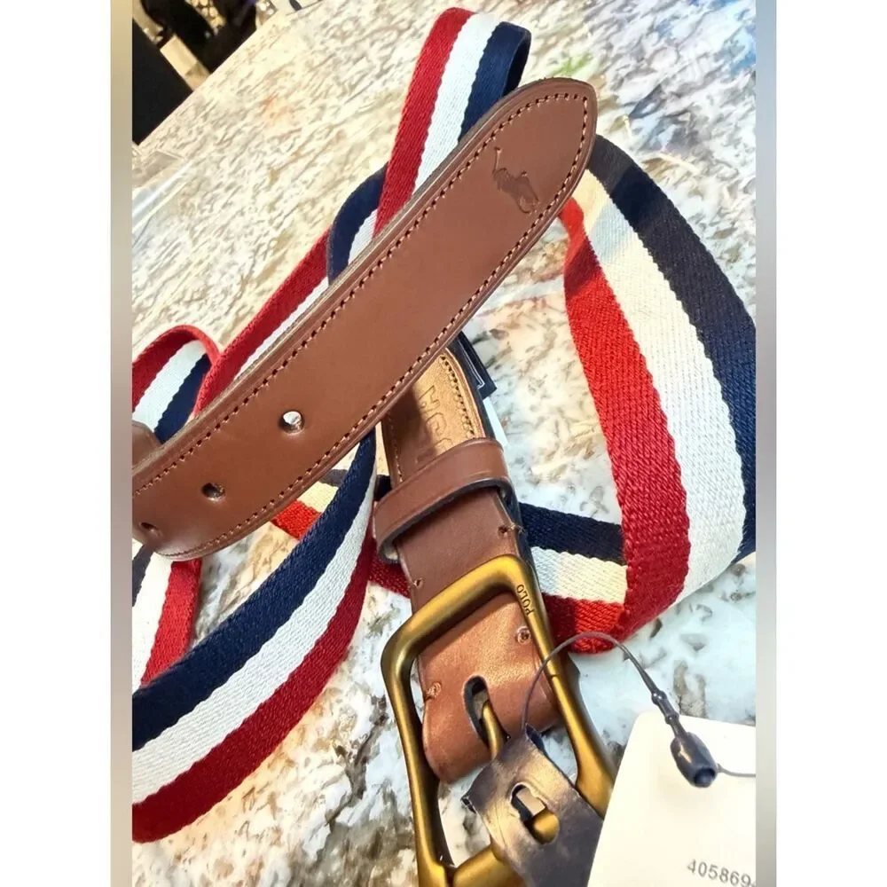 Polo Ralph Lauren Men’s 3X Striped Belt Leather Trim Golf Preppy XXL